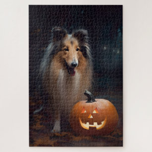 Puzzle Collie à poil long d'Halloween avec citrouilles ef