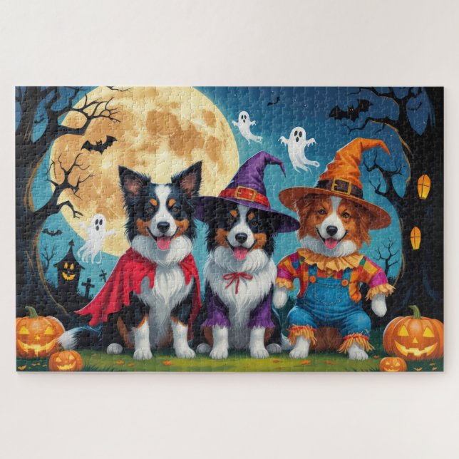 Puzzle Collies frontalières Chiens Citrouille Halloween D (Horizontal)