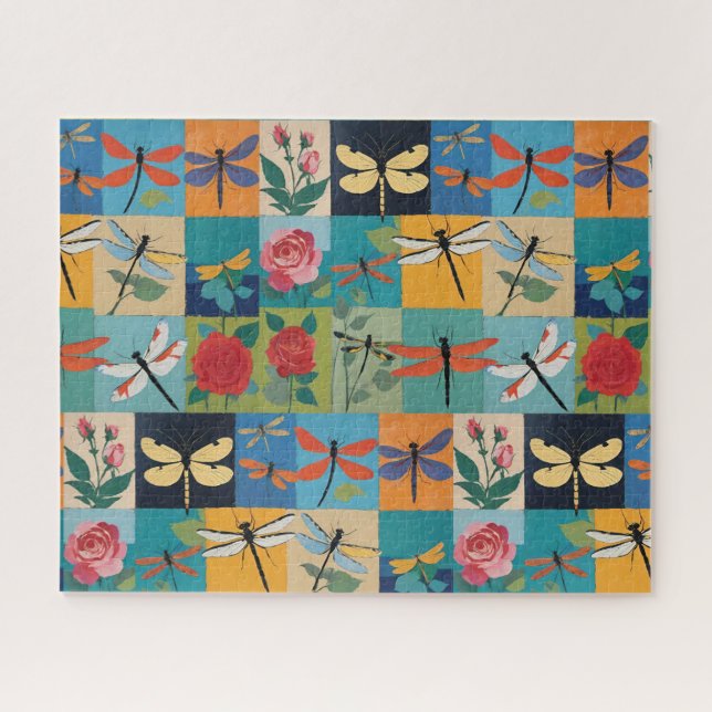 Puzzle Colorful Dragonflies And Roses Patchwork (Horizontal)