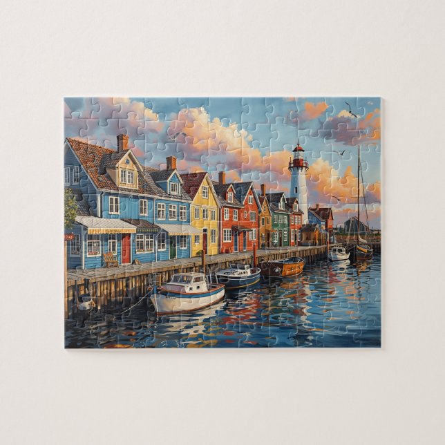 Puzzle Colorful Harbor Lighthouse Town (Horizontal)