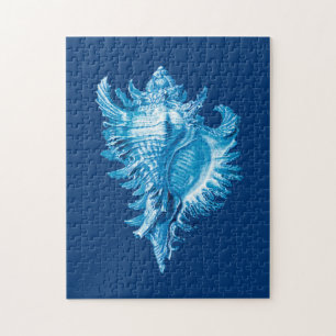Puzzle Conch Shell Sea Life Print, Indigo Blue and White