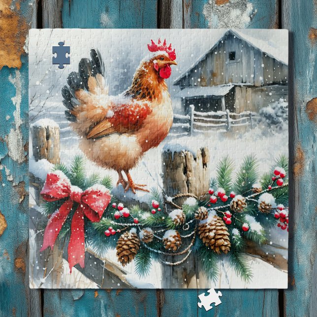 Puzzle Coq aquarelle sur la clôture après Noël (Créateur téléchargé)