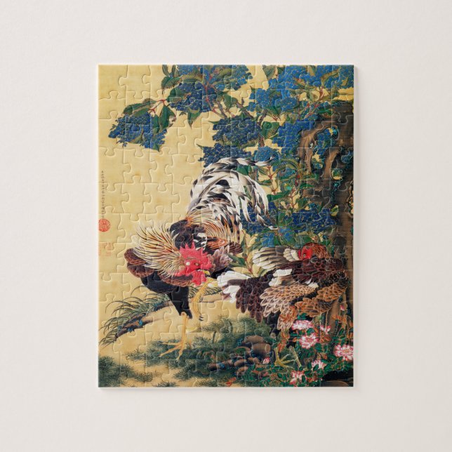 Puzzle Coq et Hen avec Hydrangeas par Ito Jakuchu (Vertical)