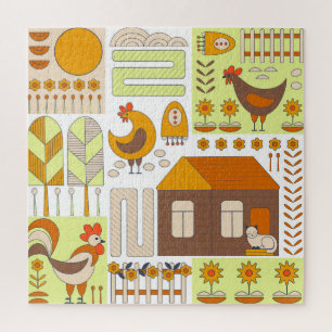 Puzzle Coq, poules, dessin géométrique floral.