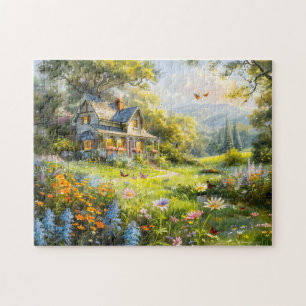 Puzzle Cottage d'été avec prairie de fleurs sauvages