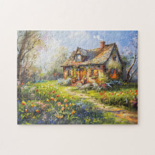 Puzzle Cottage printanier avec tulipes Prairie de fleurs