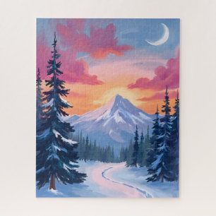 Puzzle Coucher de soleil au sommet enneigé Peinture de