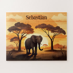 Puzzle Coucher de soleil dans la savane éléphant personna