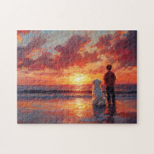 Puzzle Coucher de soleil de chien et de garçon sur la pla