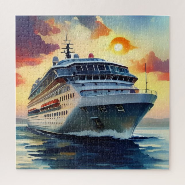 Puzzle Coucher de soleil du bateau de croisière aquarelle (Vertical)