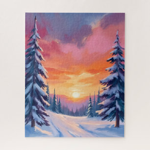 Puzzle Coucher de soleil enneigé d'hiver   Peinture à l'a