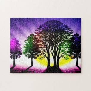 Puzzle Coucher de soleil jaune et violet avec arbres silh