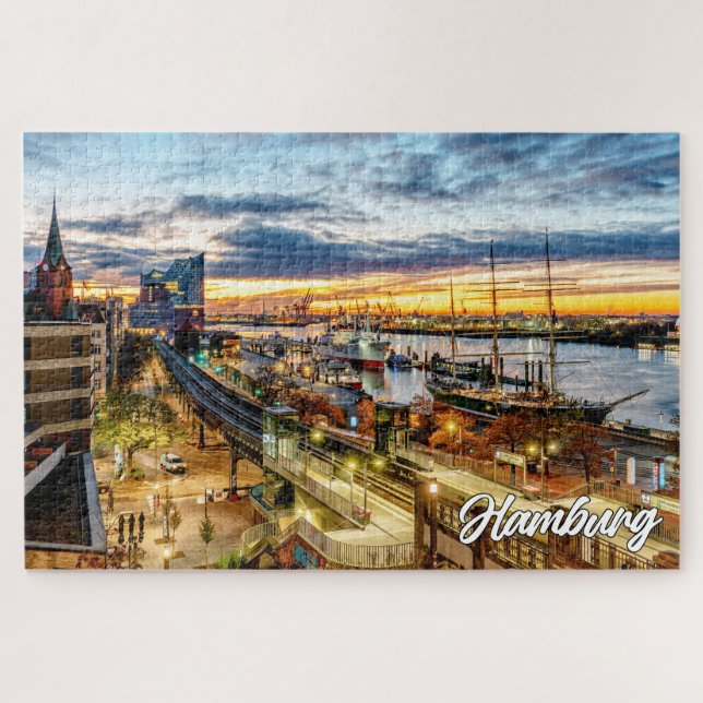Puzzle Coucher de soleil sur la belle Hambourg, Allemagne (Horizontal)
