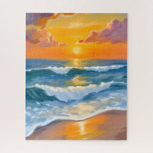 Puzzle Coucher de soleil sur la mer orange Aquarelle Vagu