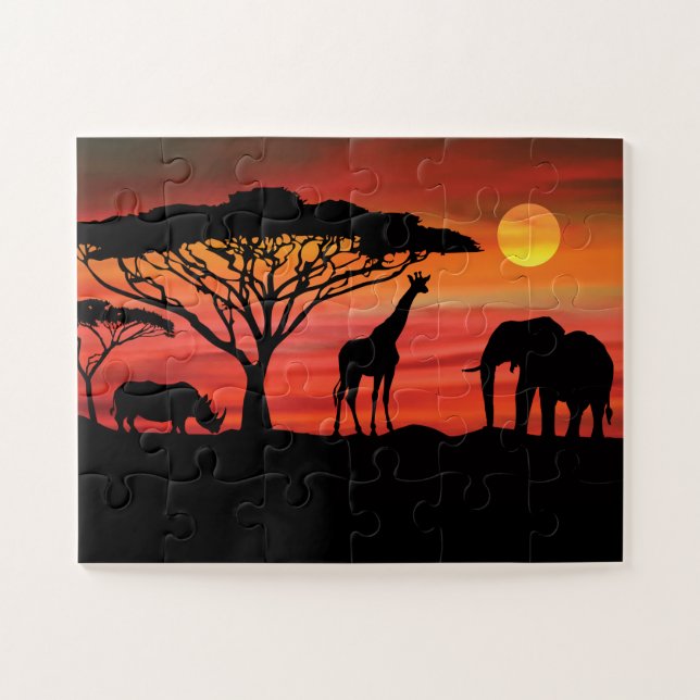 Puzzle Coucher de soleil sur les animaux africains (Horizontal)