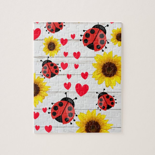 Puzzle Coucou Ladybug tournesol et coeurs cadeau (Vertical)