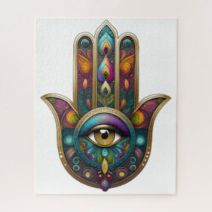 Puzzle Couleurs de paon Hamsa avec troisième œil en or