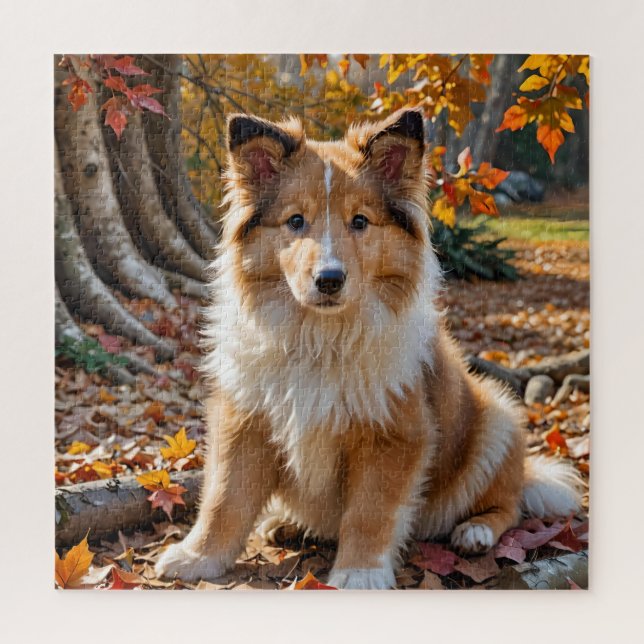 Puzzle Coupe de collie de sable mignonne en feuilles d'au (Vertical)