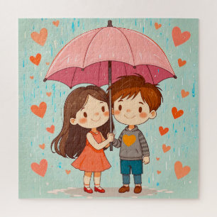 Puzzle Couple Caricature Doux Souriant Sous Un Parapluie 