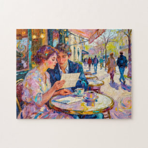 Puzzle Couple de café impressionniste lisant et débattant