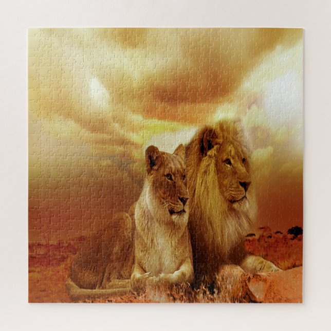 Puzzle Couple de lion au coucher du soleil (Vertical)