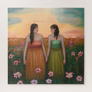 Puzzle Couple lesbien tenant les mains dans le pré des fl