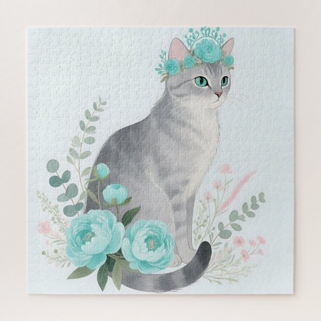 Puzzle Couronne Florale Chat Gris (Vertical)