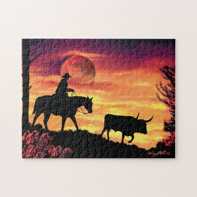 Puzzle Cowboy Et Longhorn Steer (Horizontal)