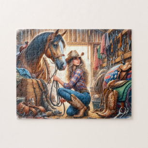 Puzzle Cowgirl et cheval dans l'écurie de la ferme