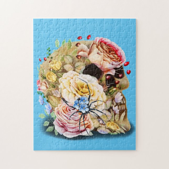 Puzzle Crâne avec rose et araignée florale bleue (Vertical)