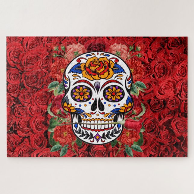 Puzzle Crâne de sucre rose Roses rouges Vacances Grand (Horizontal)