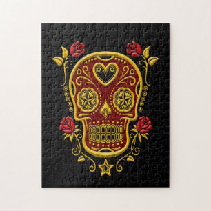 Puzzle Crâne rouge et jaune de sucre avec des roses sur