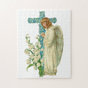 Puzzle Croix chrétienne fleurie bleue