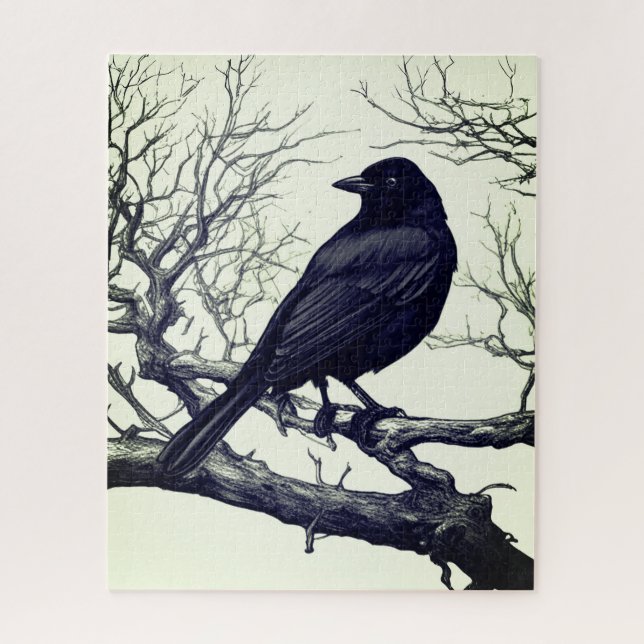 Puzzle Crow Perched on Bare Winter Branches (Vertical)
