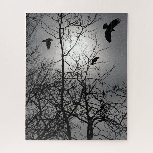 Puzzle Crows Silhouette Soleil brillant Arbres Scène goth (Vertical)