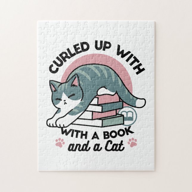 Puzzle Curieux avec un livre et un chat - Lecture confort (Vertical)