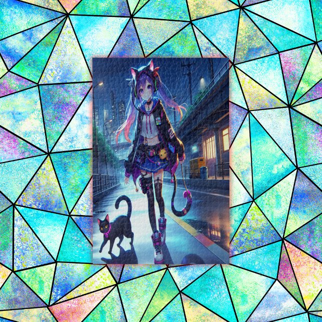 Puzzle Cute Anime Gamer Girl & Cat | (Créateur téléchargé)