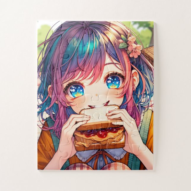 Puzzle Cute Anime Girl mangeant un beurre d'arachide et g (Vertical)