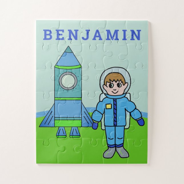 Puzzle Cute asonaut garçon et fusée avec nom (Vertical)