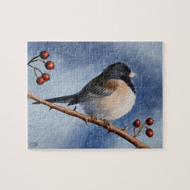 Puzzle Cute Bird Oregon Junco et les baies d'hiver (Horizontal)