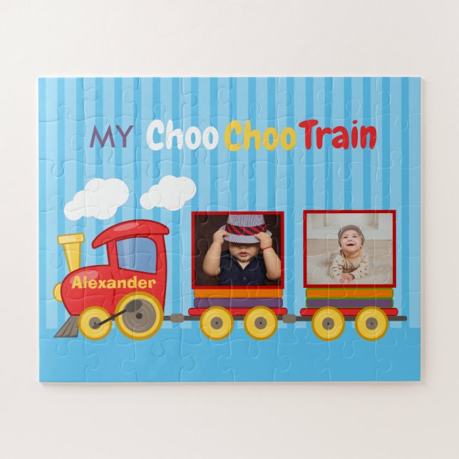 Puzzle Cute Blue Stripes Motif Toy Train Boys Anniversair (Horizontal)