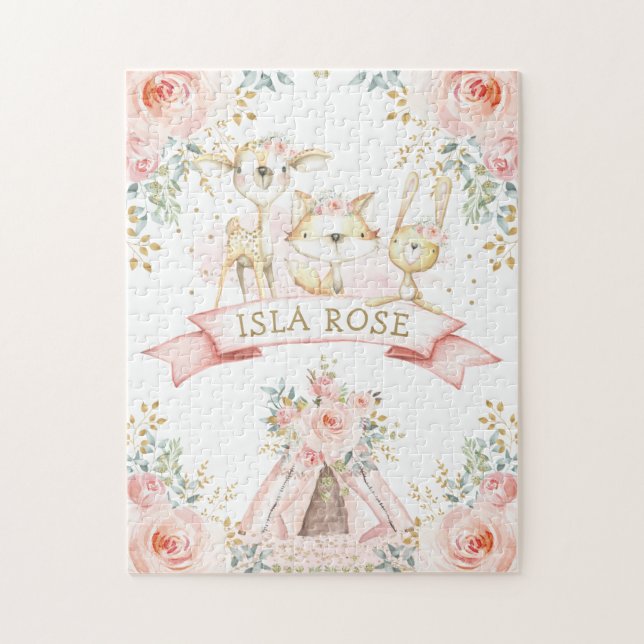 Puzzle Cute Blush Floral Tribal Bois Animaux (Vertical)