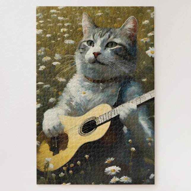Puzzle Cute Chat Kitten Jouer Guitare Acoustique (Vertical)