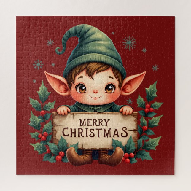 Puzzle Cute Christmas Elf Holding Merry Sign Red (Vertical)