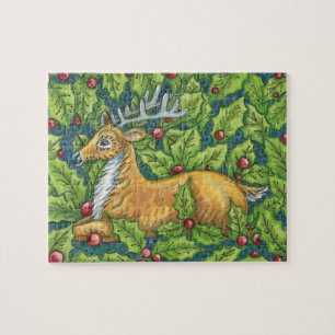 Puzzle Cute Christmas Reindeer in Forest with Holly