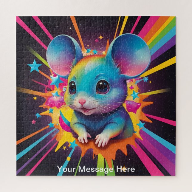 Puzzle Cute Cosmic Souris Vibrant Surreal Arc-en-ciel (Vertical)