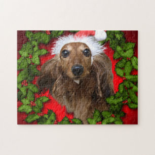 Puzzle Cute dog with Santa's red and garland