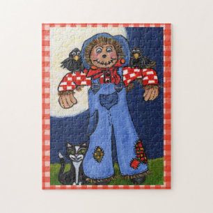 Puzzle Cute Folk Art Scarerow Chat Crows sur Plaid