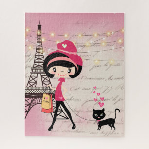 Puzzle Cute Girl and Cat à Paris Tour Eiffel