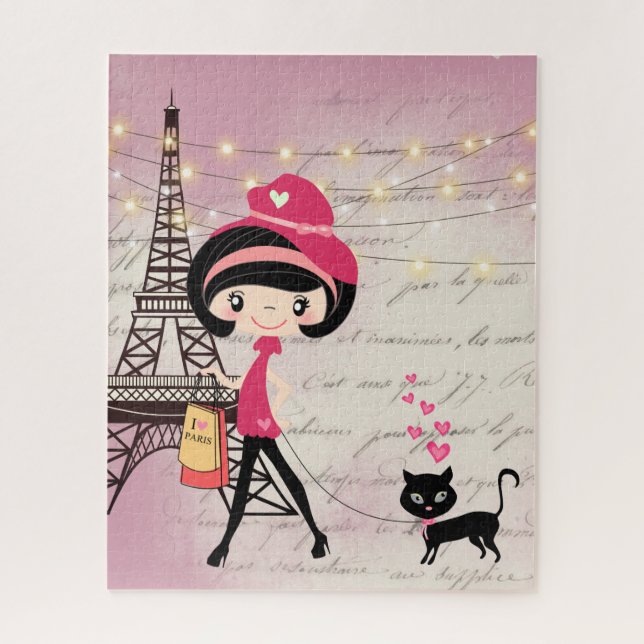 Puzzle Cute Girl and Cat à Paris Tour Eiffel (Vertical)